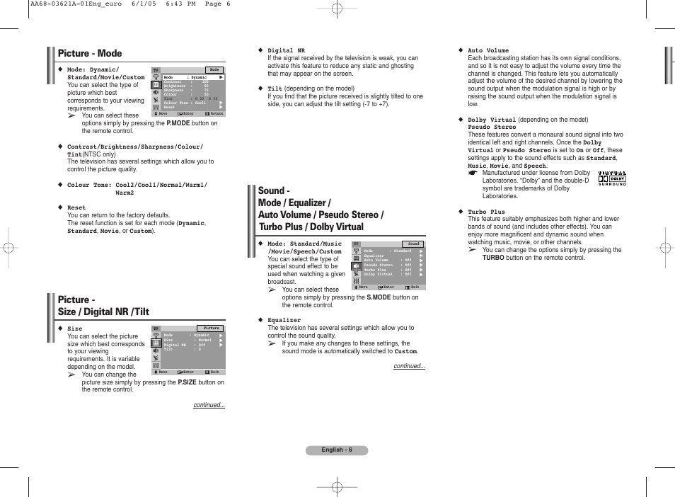 Picture - mode, Picture - size / digital nr / tilt | Samsung CW25M064N2XXEC User Manual | Page 6 / 8