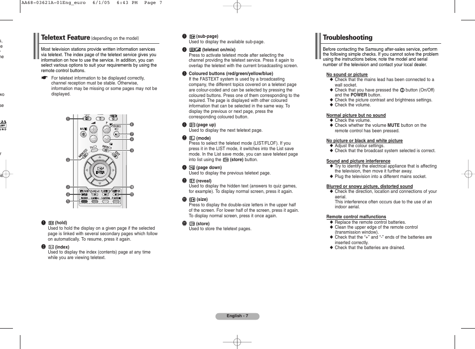 Teletext feature, Troubleshooting | Samsung CW25M064N2XXEC User Manual | Page 7 / 8