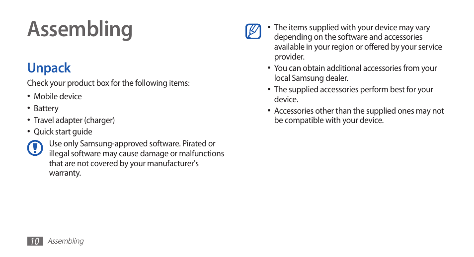Assembling, Unpack | Samsung YP-G1CW-XAA User Manual | Page 11 / 115