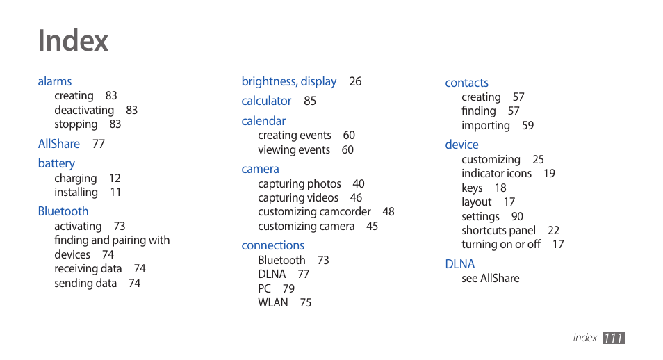 Index | Samsung YP-G1CW-XAA User Manual | Page 112 / 115