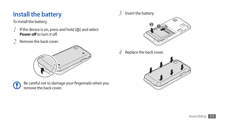 Install the battery, 4install the battery | Samsung YP-G1CW-XAA User Manual | Page 12 / 115