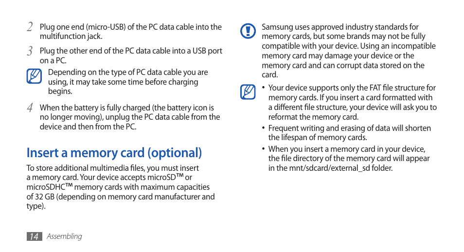 Insert a memory card (optional) | Samsung YP-G1CW-XAA User Manual | Page 15 / 115