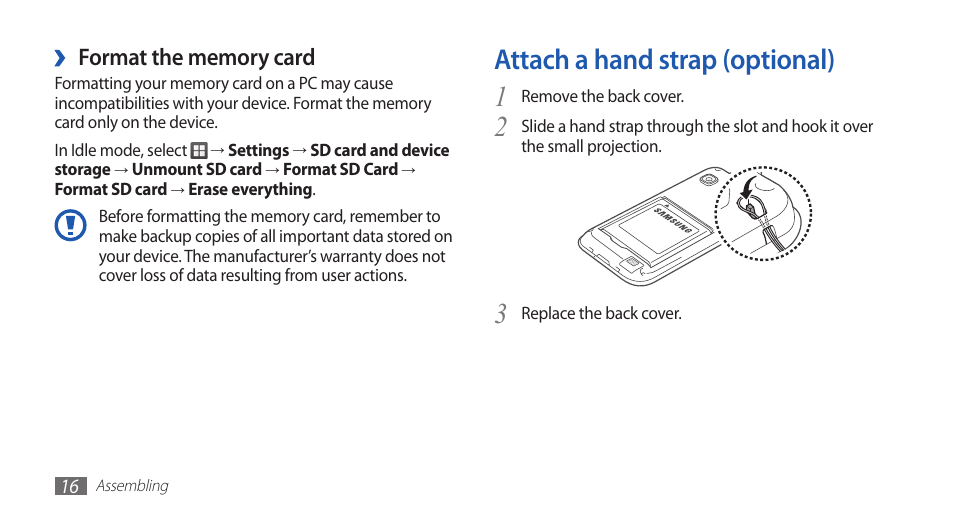 Attach a hand strap (optional) | Samsung YP-G1CW-XAA User Manual | Page 17 / 115