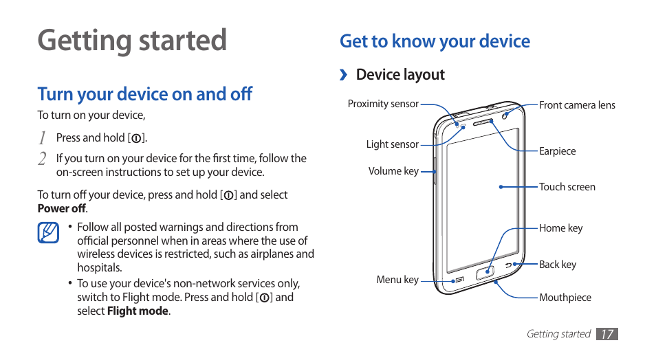 Getting started, Turn your device on and off, Get to know your device | Samsung YP-G1CW-XAA User Manual | Page 18 / 115