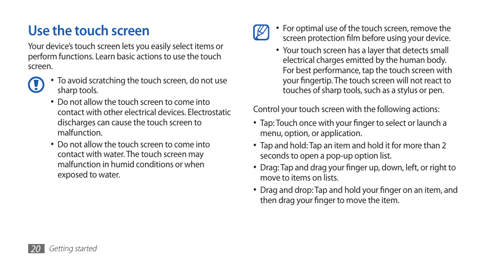 Use the touch screen | Samsung YP-G1CW-XAA User Manual | Page 21 / 115