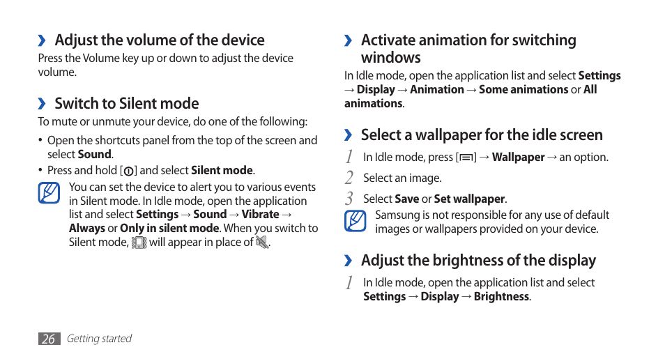 Activate animation for switching, Windows, Select a wallpaper for the idle screen | Adjust the brightness of the display, Adjust the volume of the device, Switch to silent mode | Samsung YP-G1CW-XAA User Manual | Page 27 / 115