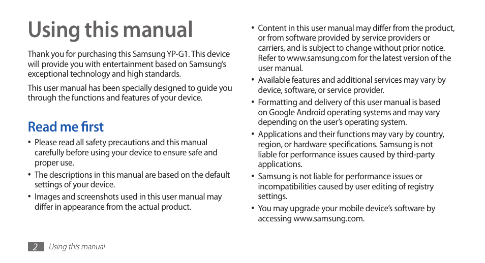 Using this manual, Read me first | Samsung YP-G1CW-XAA User Manual | Page 3 / 115