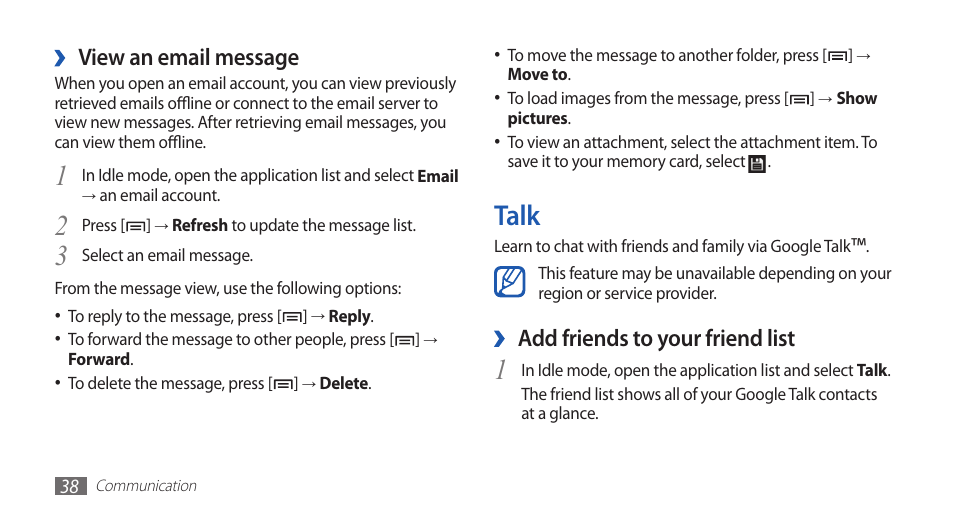 Talk, Add friends to your friend list, View an email message | Samsung YP-G1CW-XAA User Manual | Page 39 / 115
