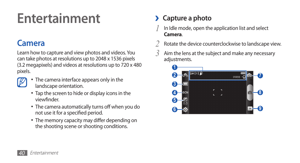 Entertainment, Camera | Samsung YP-G1CW-XAA User Manual | Page 41 / 115