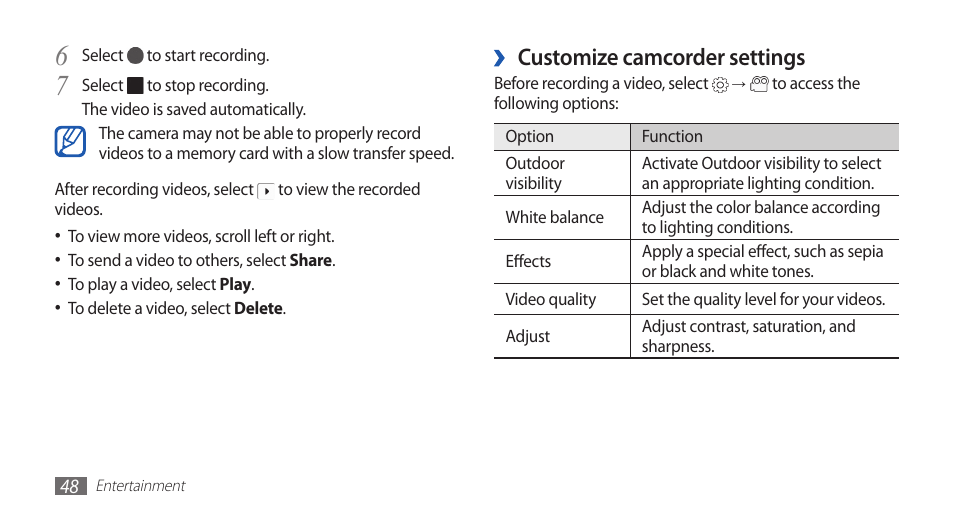 Customize camcorder settings | Samsung YP-G1CW-XAA User Manual | Page 49 / 115