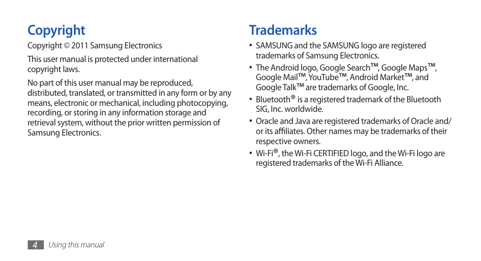 Trademarks, Copyright | Samsung YP-G1CW-XAA User Manual | Page 5 / 115