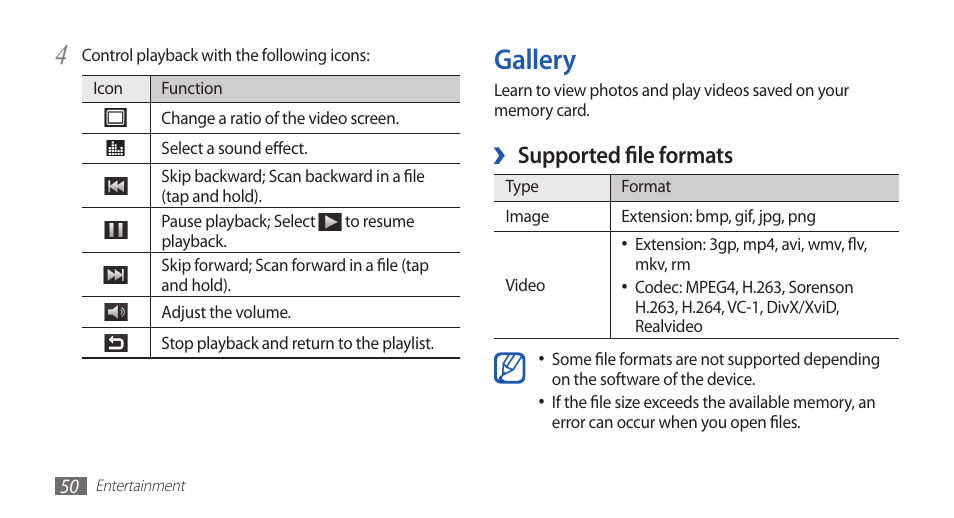 Gallery, Supported file formats | Samsung YP-G1CW-XAA User Manual | Page 51 / 115
