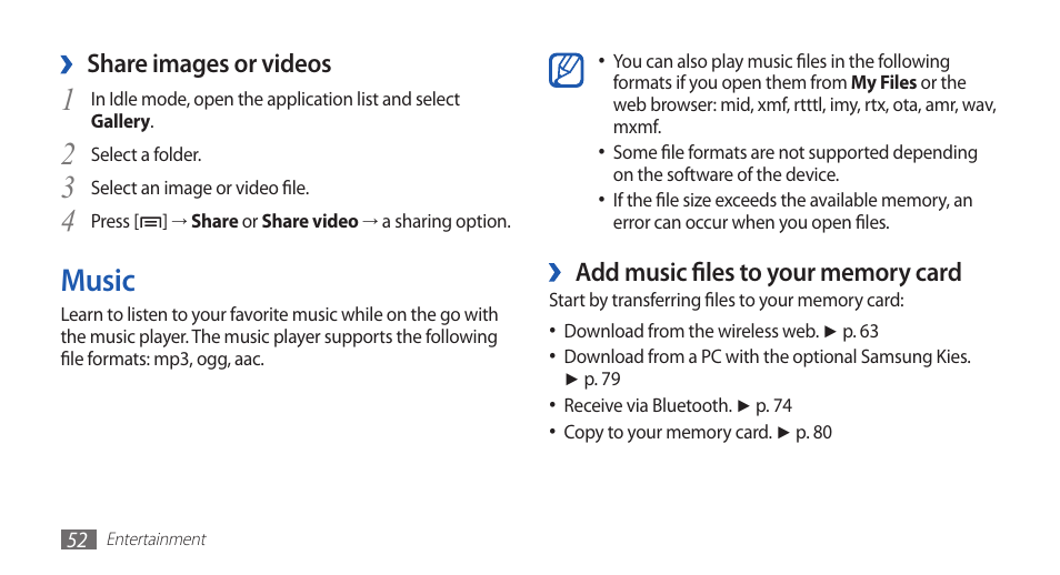 Music, Share images or videos | Samsung YP-G1CW-XAA User Manual | Page 53 / 115