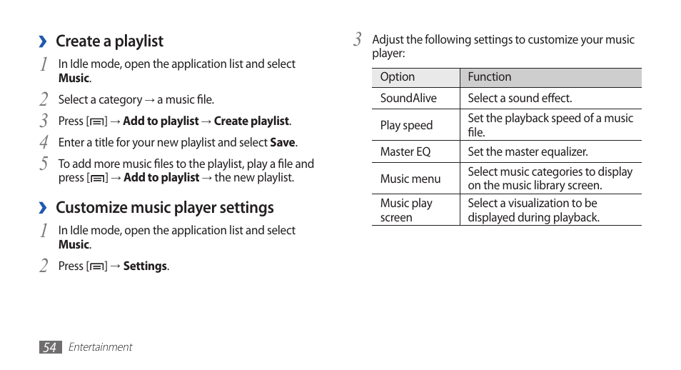 Create a playlist, Customize music player settings | Samsung YP-G1CW-XAA User Manual | Page 55 / 115