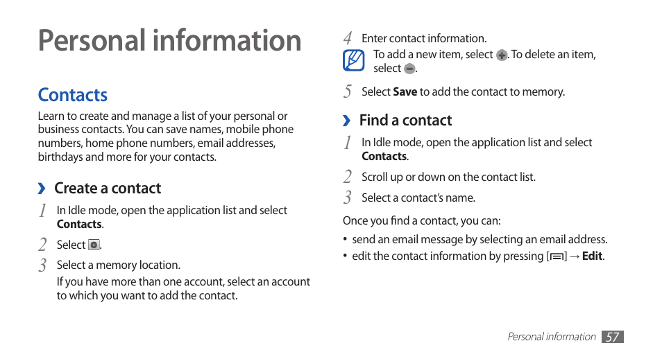 Personal information, Contacts | Samsung YP-G1CW-XAA User Manual | Page 58 / 115