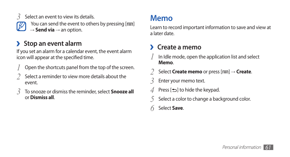 Memo | Samsung YP-G1CW-XAA User Manual | Page 62 / 115