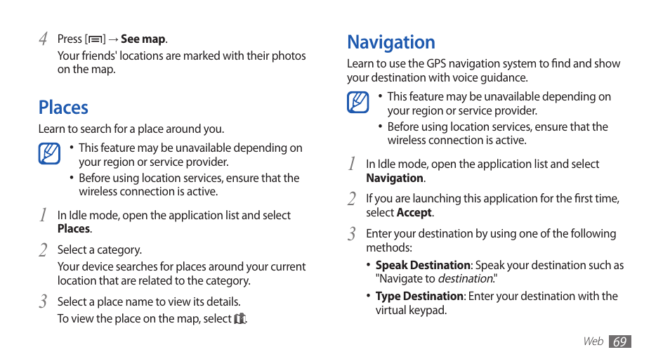 Places, Navigation, Places navigation | Samsung YP-G1CW-XAA User Manual | Page 70 / 115