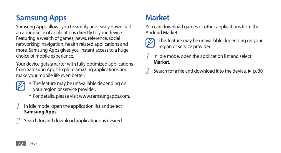 Samsung apps, Market, Samsung apps market | 2market | Samsung YP-G1CW-XAA User Manual | Page 73 / 115