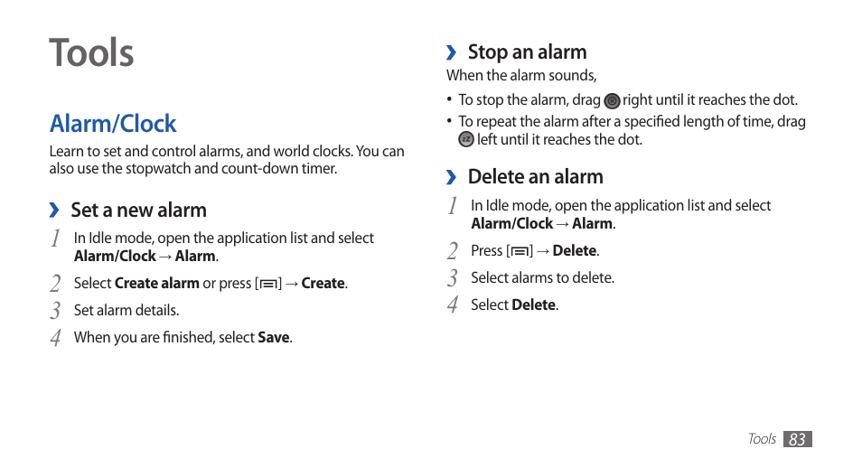 Tools, Alarm/clock | Samsung YP-G1CW-XAA User Manual | Page 84 / 115