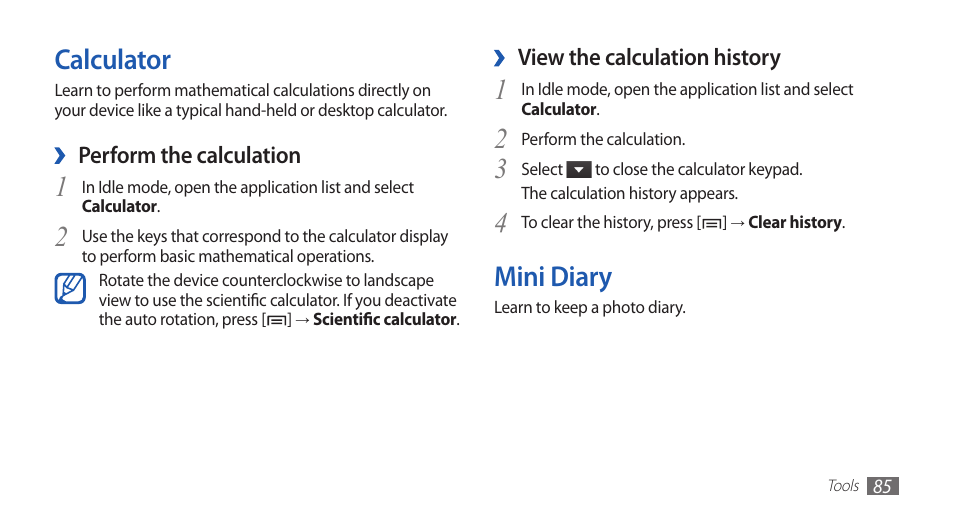Calculator, Mini diary, Calculator mini diary | Samsung YP-G1CW-XAA User Manual | Page 86 / 115
