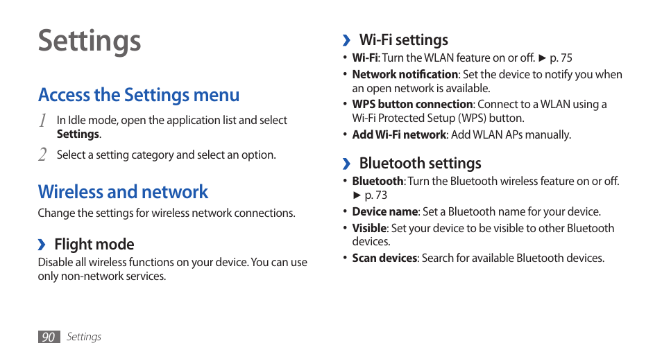 Settings, Access the settings menu, Wireless and network | Access the settings menu wireless and network, 2wireless and network | Samsung YP-G1CW-XAA User Manual | Page 91 / 115