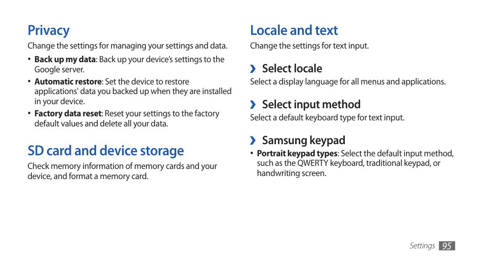 Privacy, Sd card and device storage, Locale and text | Sd card and device storage locale and text | Samsung YP-G1CW-XAA User Manual | Page 96 / 115