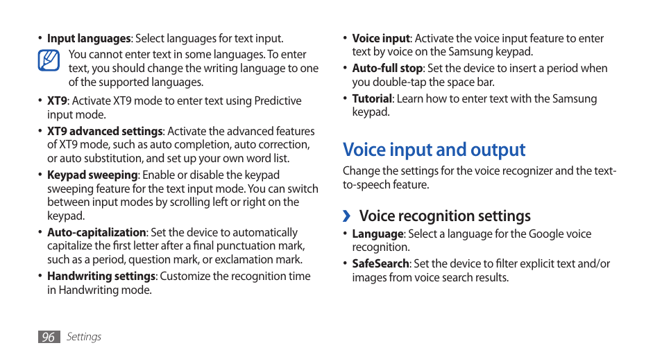 Voice input and output, Voice recognition settings | Samsung YP-G1CW-XAA User Manual | Page 97 / 115