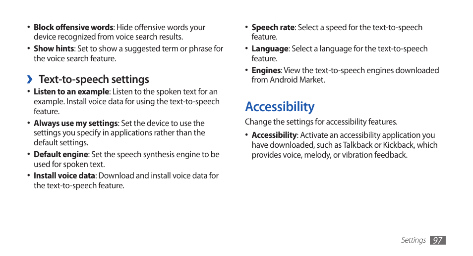 Accessibility, Text-to-speech settings | Samsung YP-G1CW-XAA User Manual | Page 98 / 115