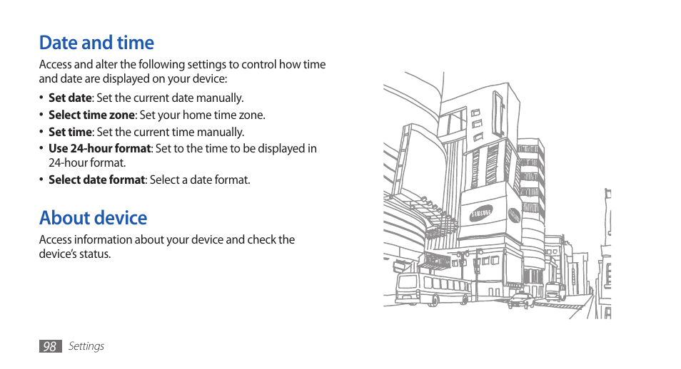 Date and time, About device, Date and time about device | Samsung YP-G1CW-XAA User Manual | Page 99 / 115