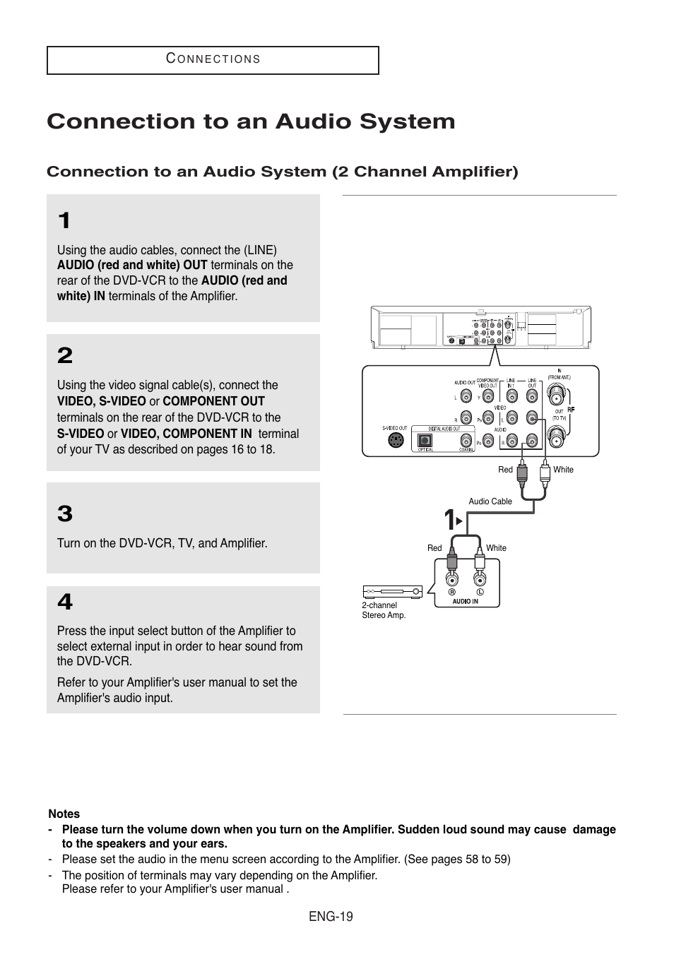 Connection to an audio system | Samsung DVD-V8500-XAC User Manual | Page 19 / 88