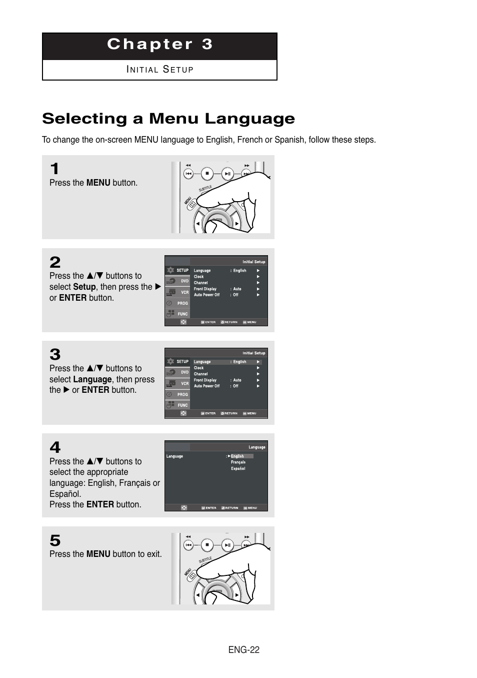 Chapter 3, Selecting a menu language | Samsung DVD-V8500-XAC User Manual | Page 22 / 88