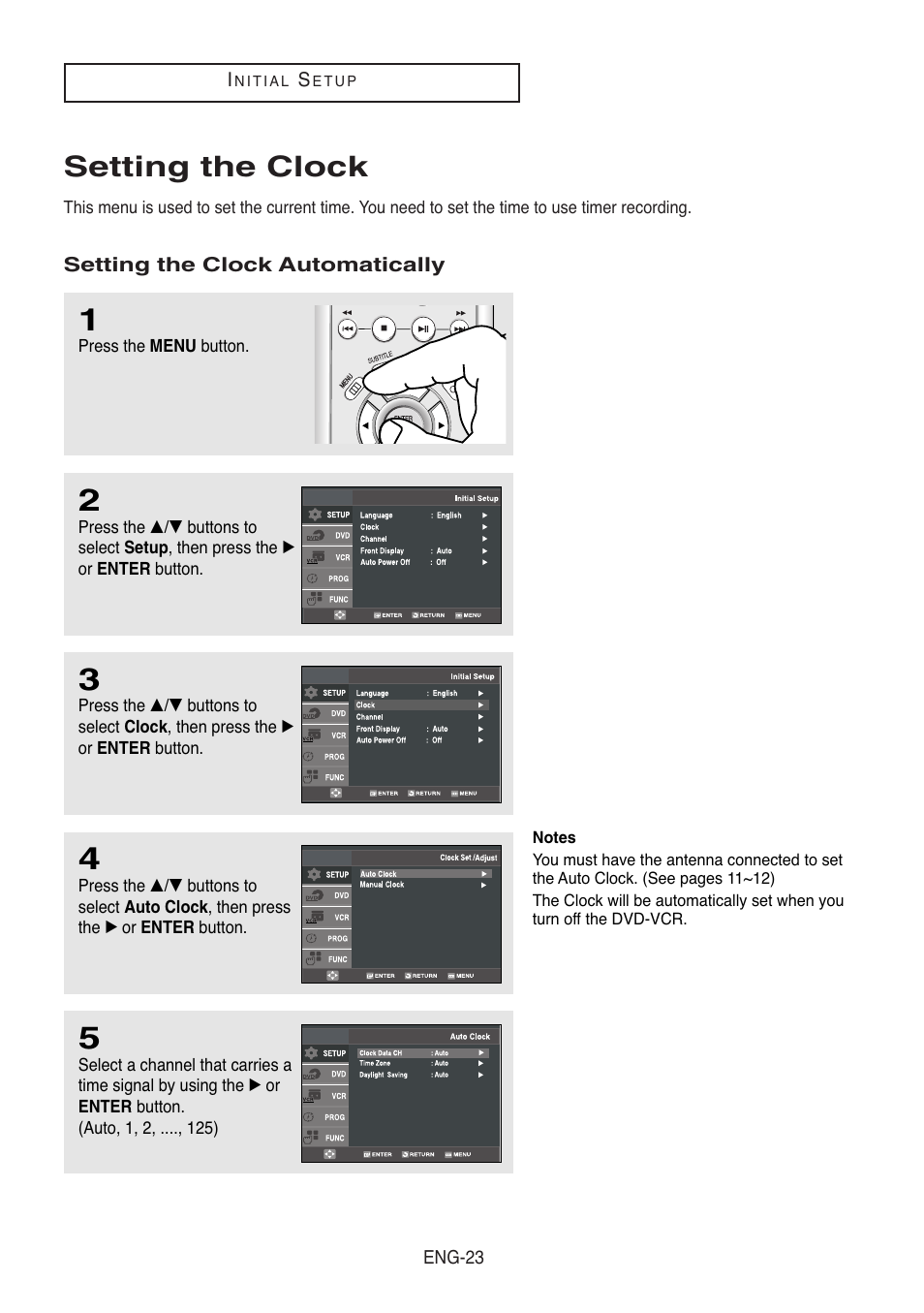 Setting the clock, Setting the clock automatically | Samsung DVD-V8500-XAC User Manual | Page 23 / 88