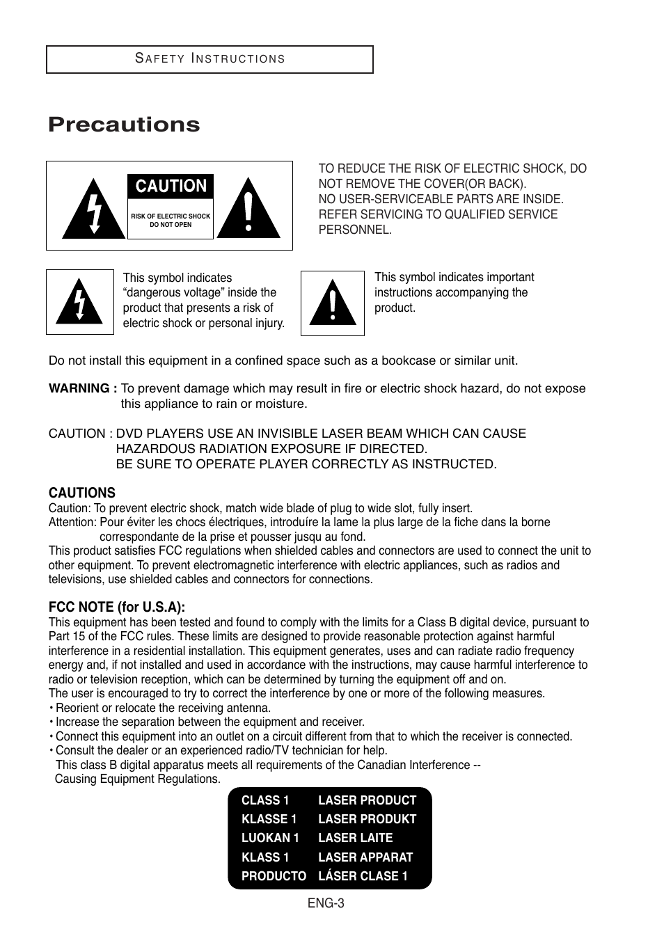 Precautions | Samsung DVD-V8500-XAC User Manual | Page 3 / 88