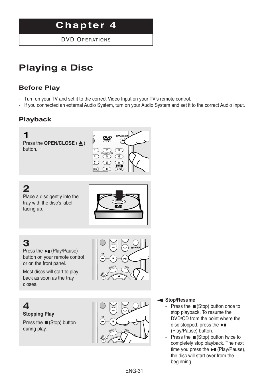 Chapter 4, Playing a disc, Before play | Playback | Samsung DVD-V8500-XAC User Manual | Page 31 / 88