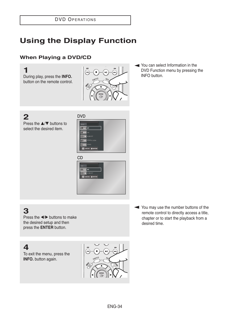 Using the display function, When playing a dvd/cd | Samsung DVD-V8500-XAC User Manual | Page 34 / 88