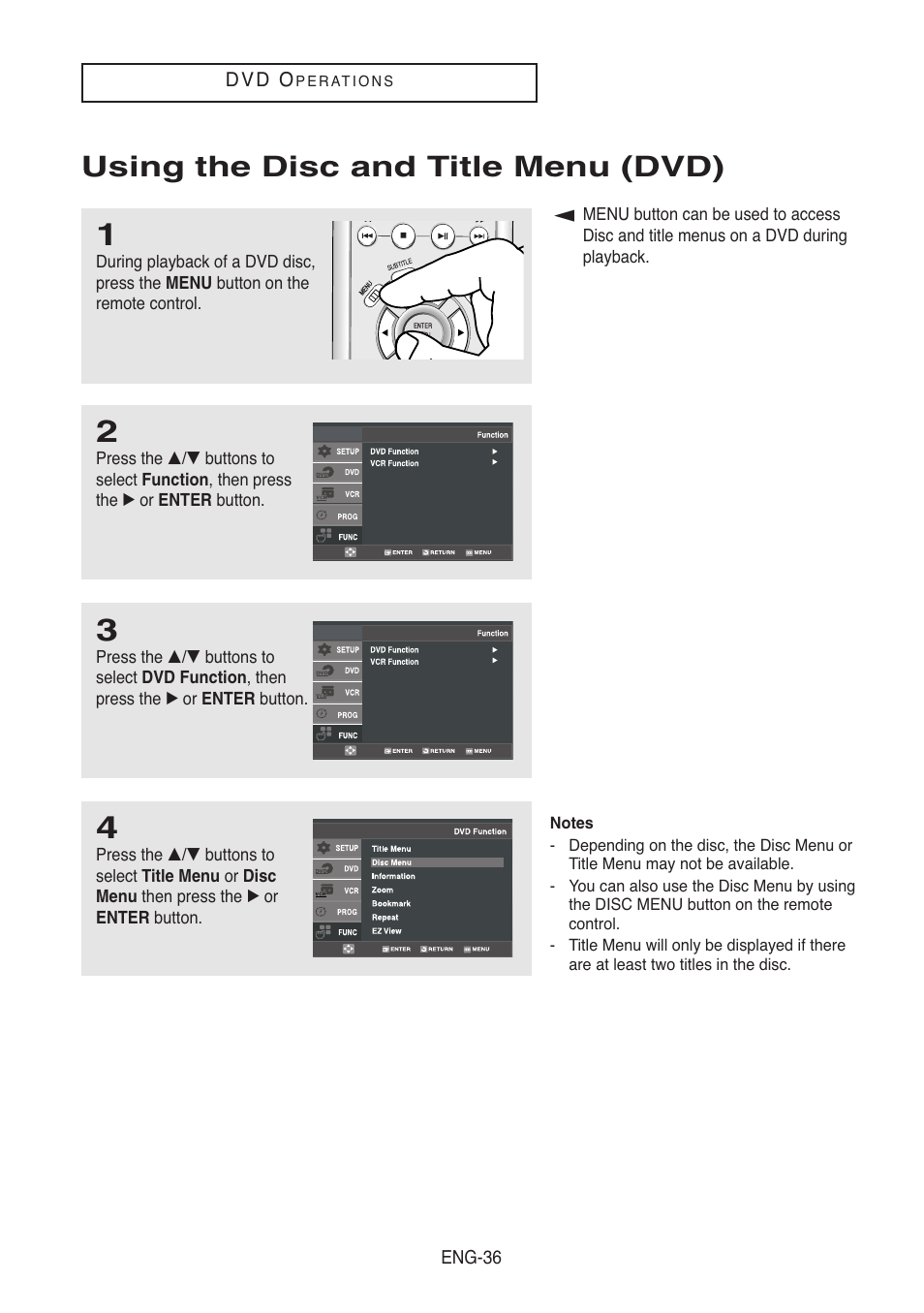 Using the disc and title menu (dvd) | Samsung DVD-V8500-XAC User Manual | Page 36 / 88