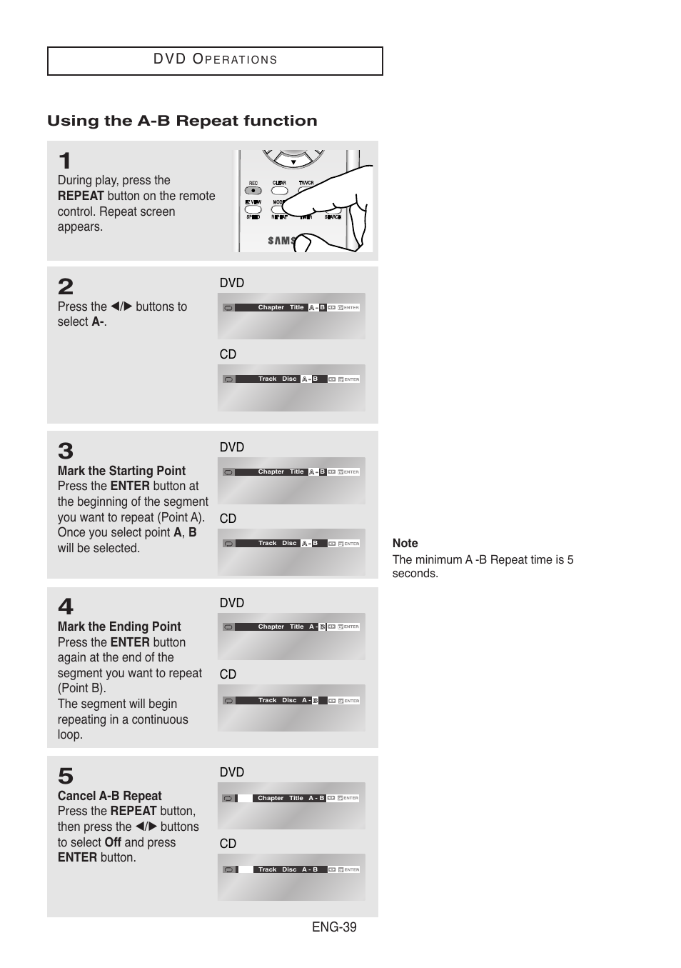 Using the a-b repeat function off, D v d o, Using the a-b repeat function | Eng-39, Press the œ/√ buttons to select a | Samsung DVD-V8500-XAC User Manual | Page 39 / 88