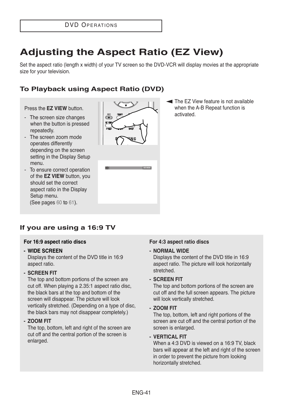 Adjusting the aspect ratio (ez view), To playback using aspect ratio (dvd), If you are using a 16:9 tv | Samsung DVD-V8500-XAC User Manual | Page 41 / 88