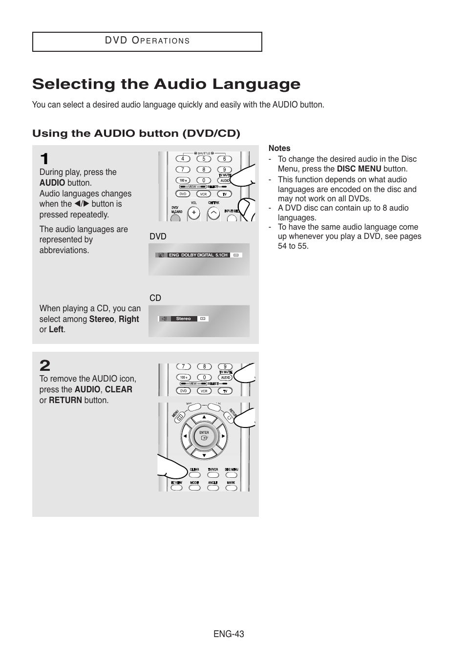 Selecting the audio language, Using the audio button (dvd/cd) | Samsung DVD-V8500-XAC User Manual | Page 43 / 88