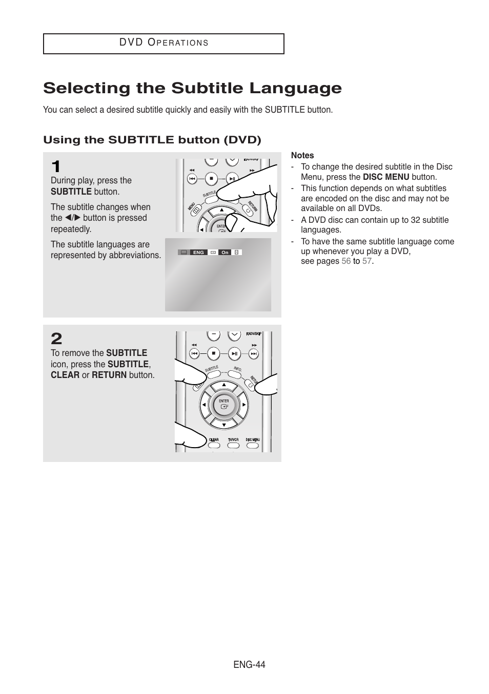 Selecting the subtitle language, Using the subtitle button (dvd) | Samsung DVD-V8500-XAC User Manual | Page 44 / 88