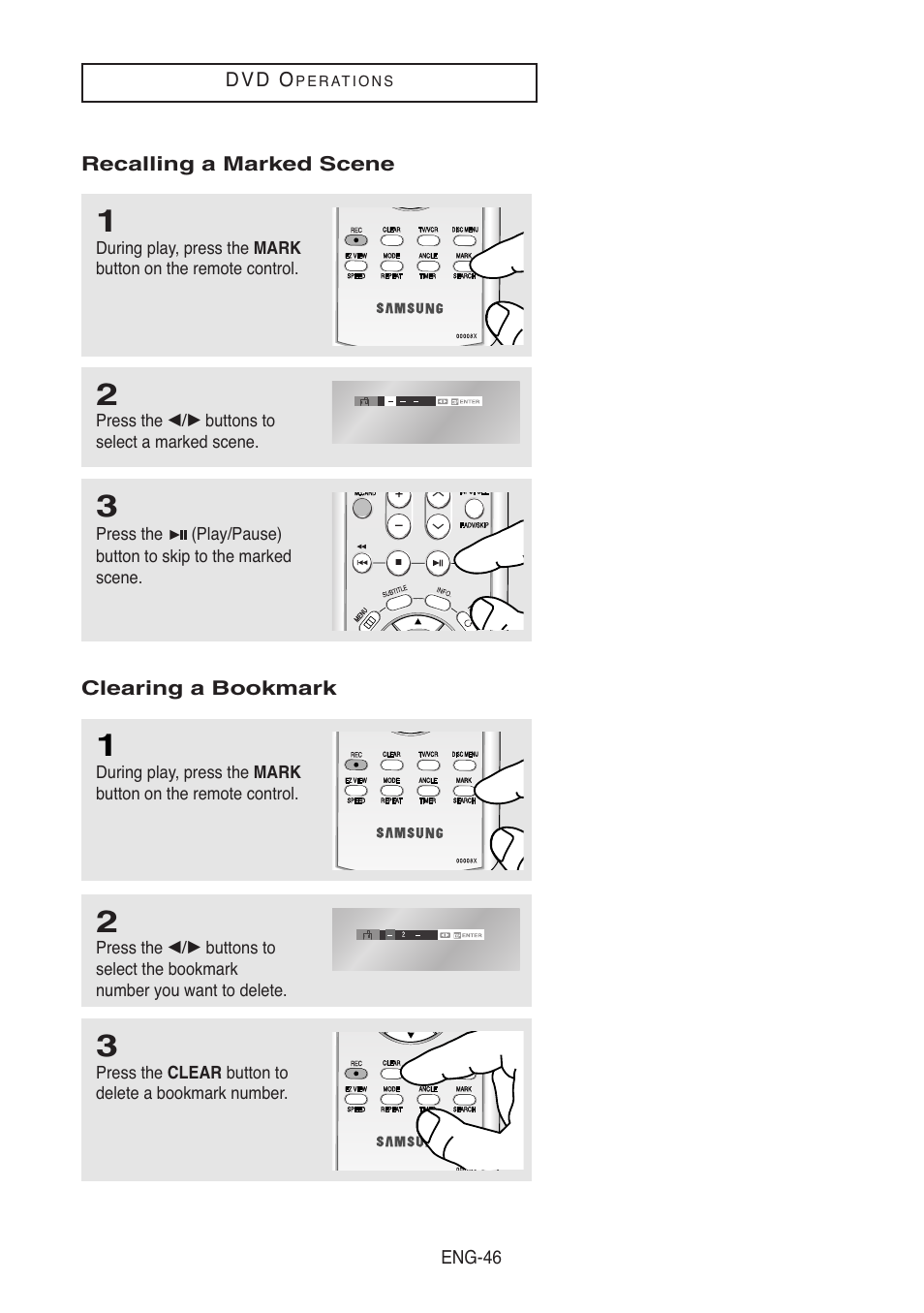 Recalling a marked scene, Clearing a bookmark | Samsung DVD-V8500-XAC User Manual | Page 46 / 88