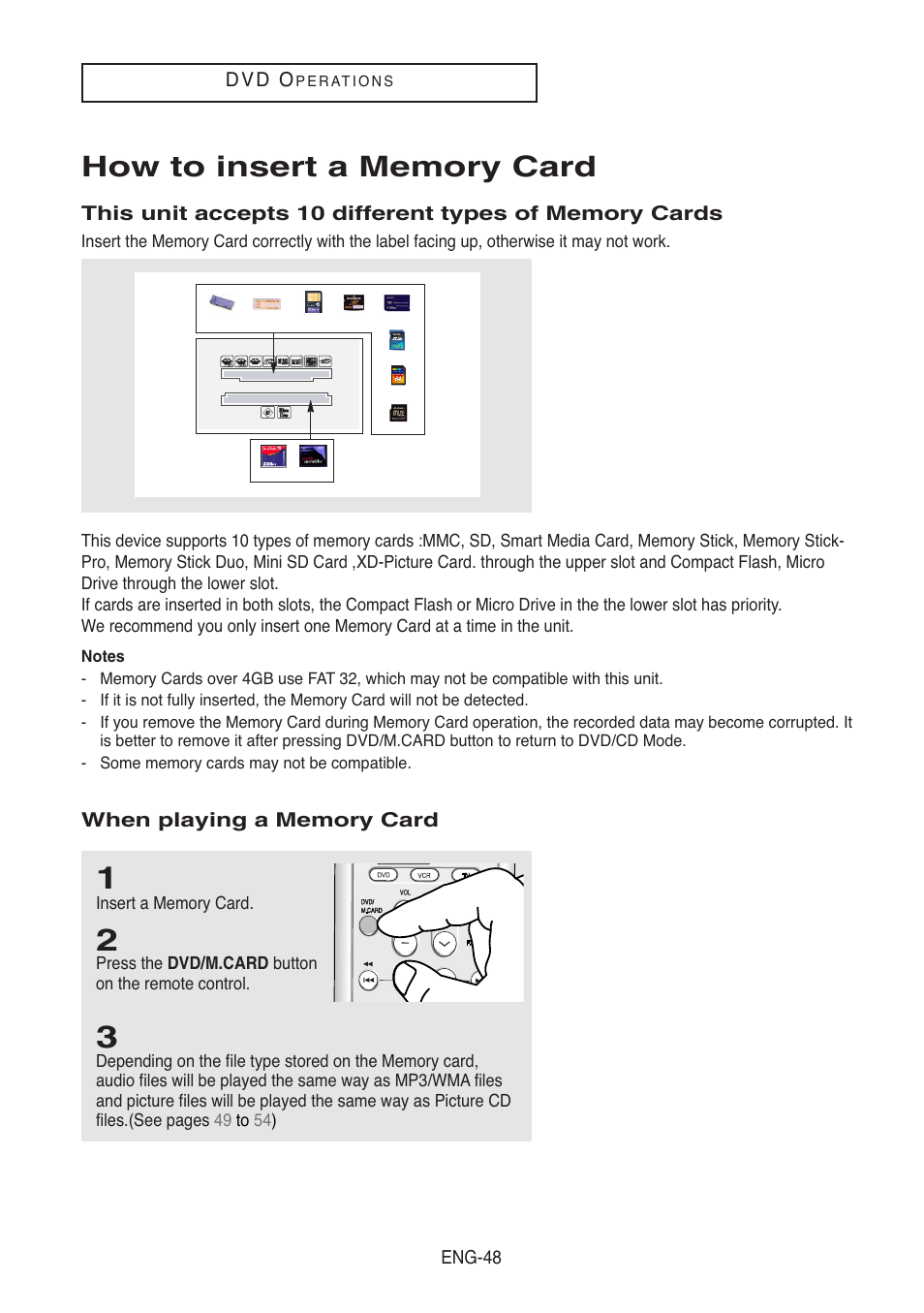 How to insert a memory card, When playing a memory card, D v d o | Samsung DVD-V8500-XAC User Manual | Page 48 / 88