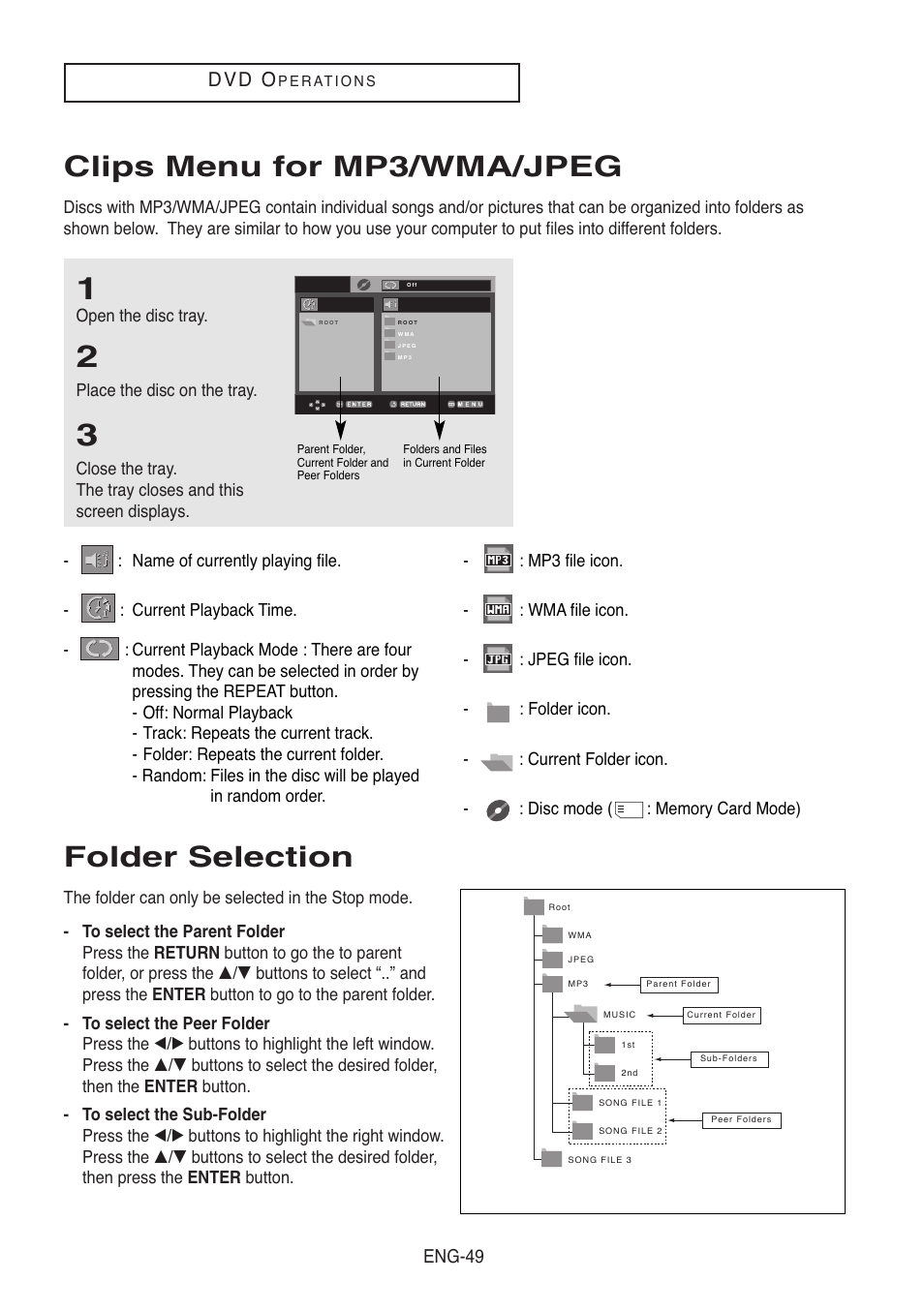 Clips menu for mp3/wma/jpeg, Folder selection, D v d o | Eng-49 | Samsung DVD-V8500-XAC User Manual | Page 49 / 88