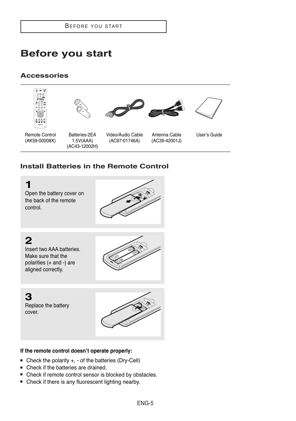 Before you start, Accessories, Install batteries in the remote control | Samsung DVD-V8500-XAC User Manual | Page 5 / 88