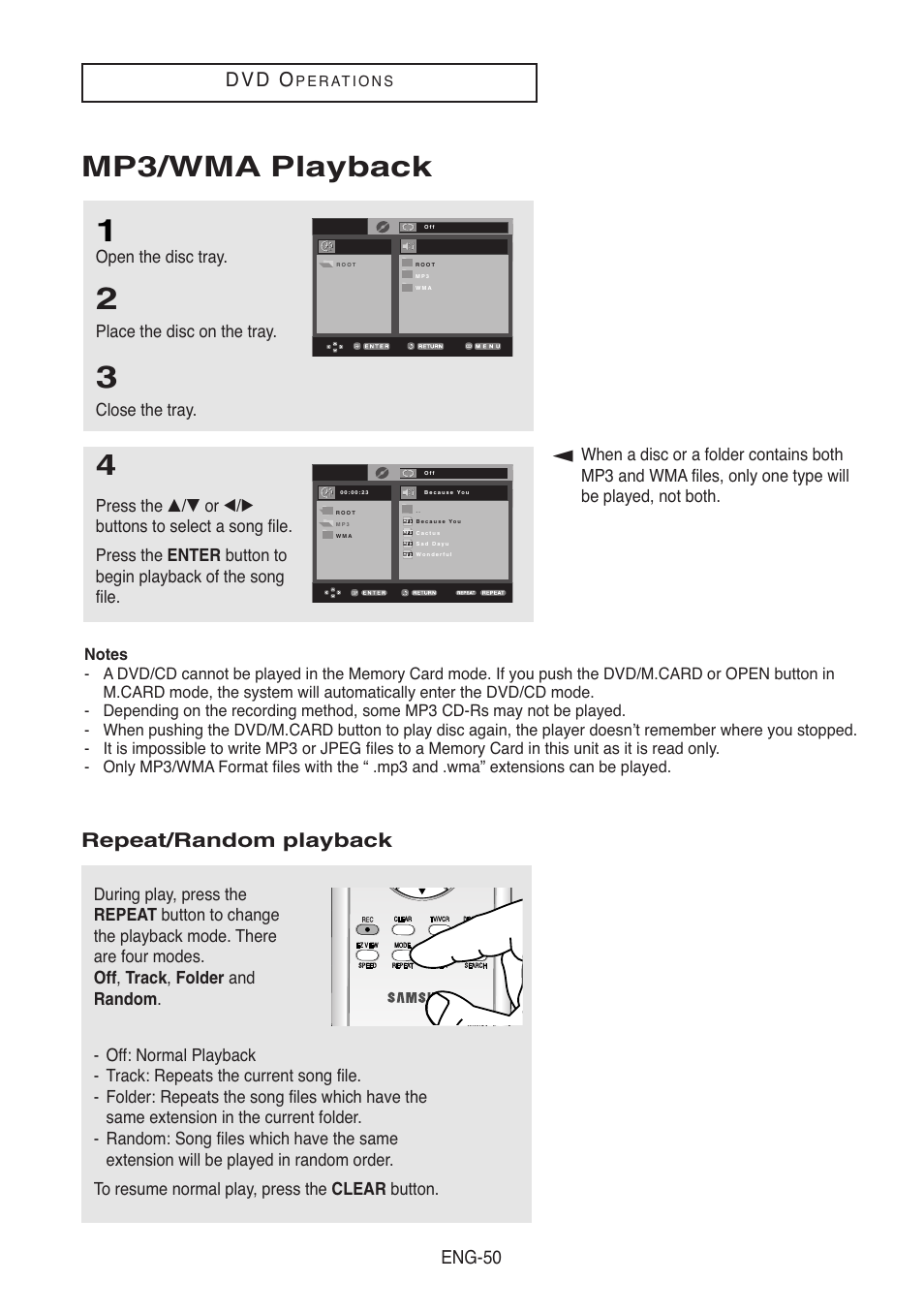 Mp3/wma playback, Repeat/random playback, D v d o | Eng-50, Open the disc tray, Place the disc on the tray, Close the tray | Samsung DVD-V8500-XAC User Manual | Page 50 / 88