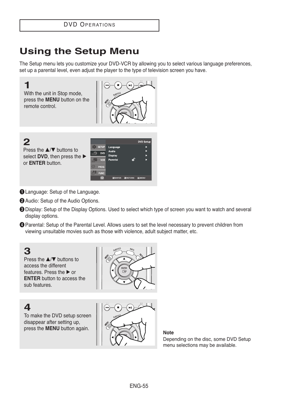 Using the setup menu | Samsung DVD-V8500-XAC User Manual | Page 55 / 88