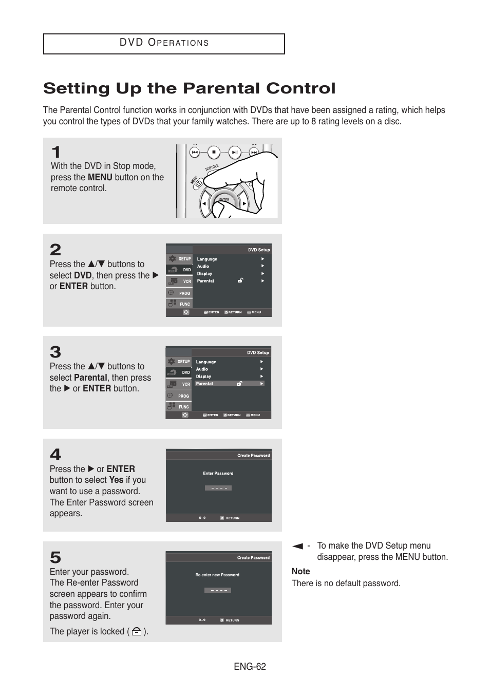 Setting up the parental control | Samsung DVD-V8500-XAC User Manual | Page 62 / 88