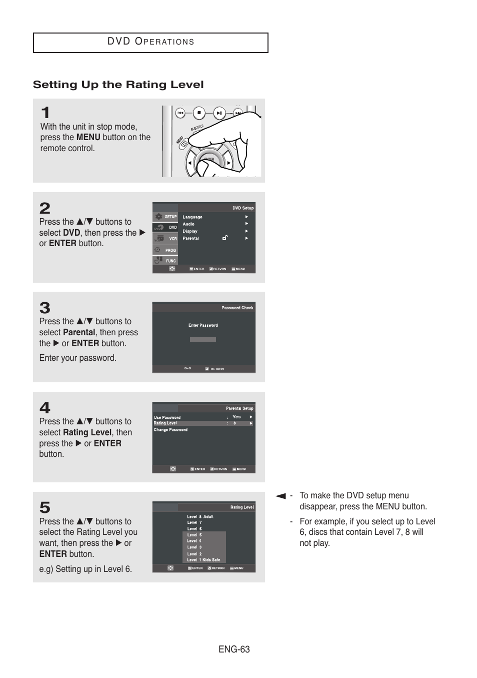 Setting up the rating level | Samsung DVD-V8500-XAC User Manual | Page 63 / 88