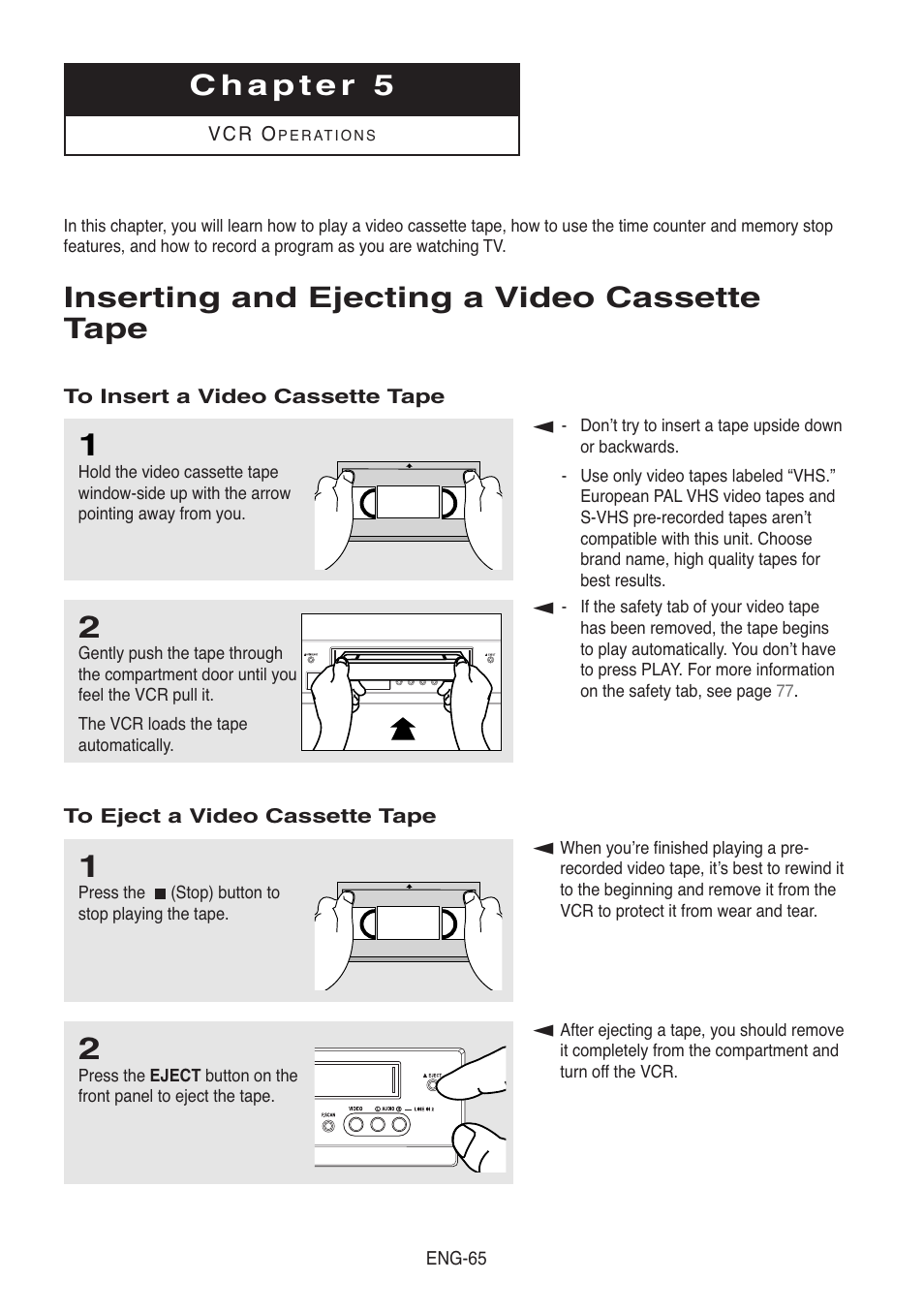 Chapter 5, Inserting and ejecting a video cassette tape, To insert a video cassette tape | To eject a video cassette tape | Samsung DVD-V8500-XAC User Manual | Page 65 / 88