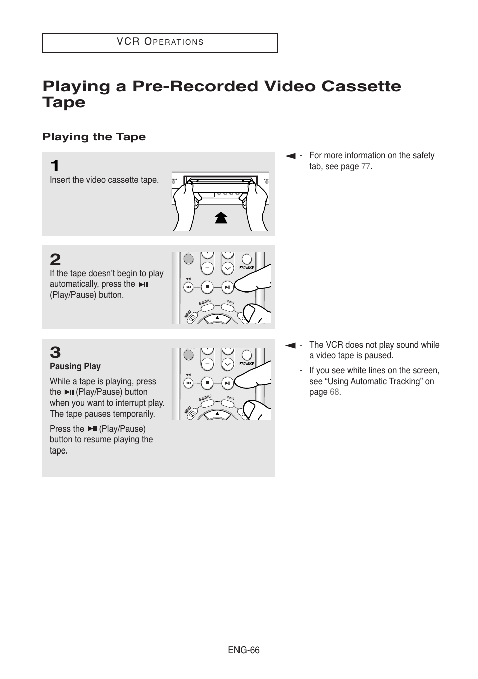 Playing a pre-recorded video cassette tape, Playing the tape | Samsung DVD-V8500-XAC User Manual | Page 66 / 88